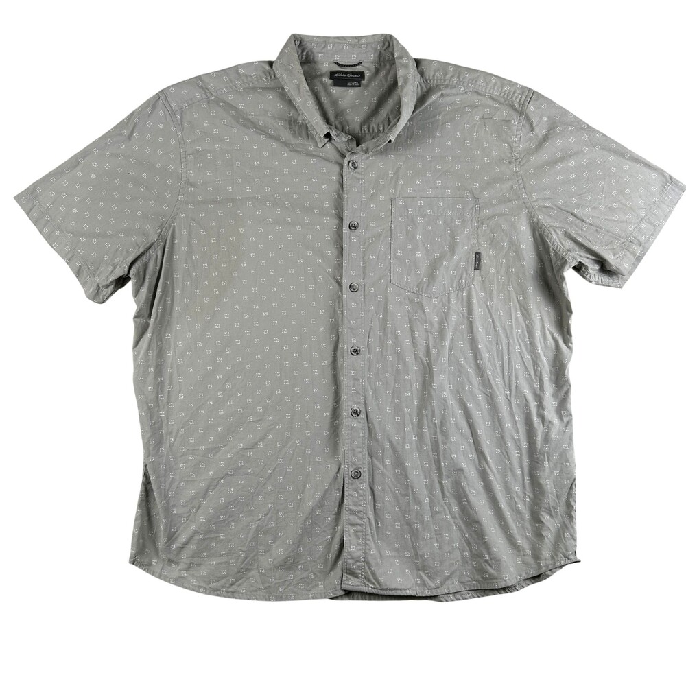 Eddie Bauer Shirt Mens 2XL Gray Geometric Short Sleeve Button Front Cotton